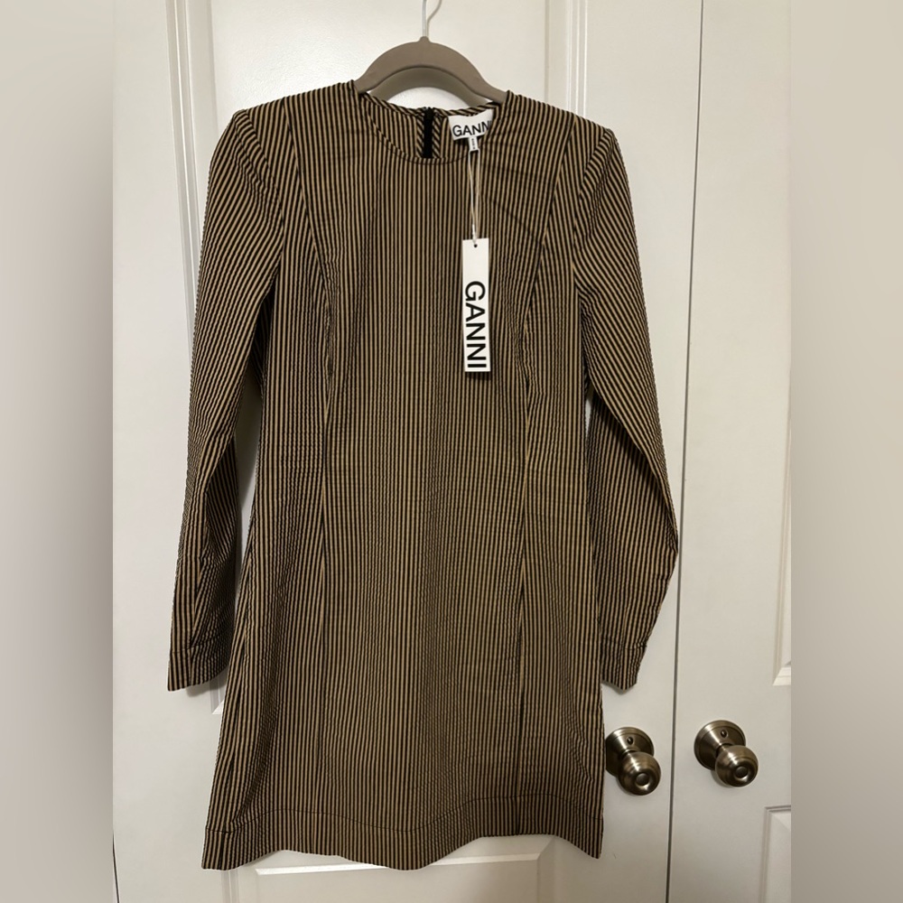 Ganni Cream & Grey Sheath Seersucker Dress